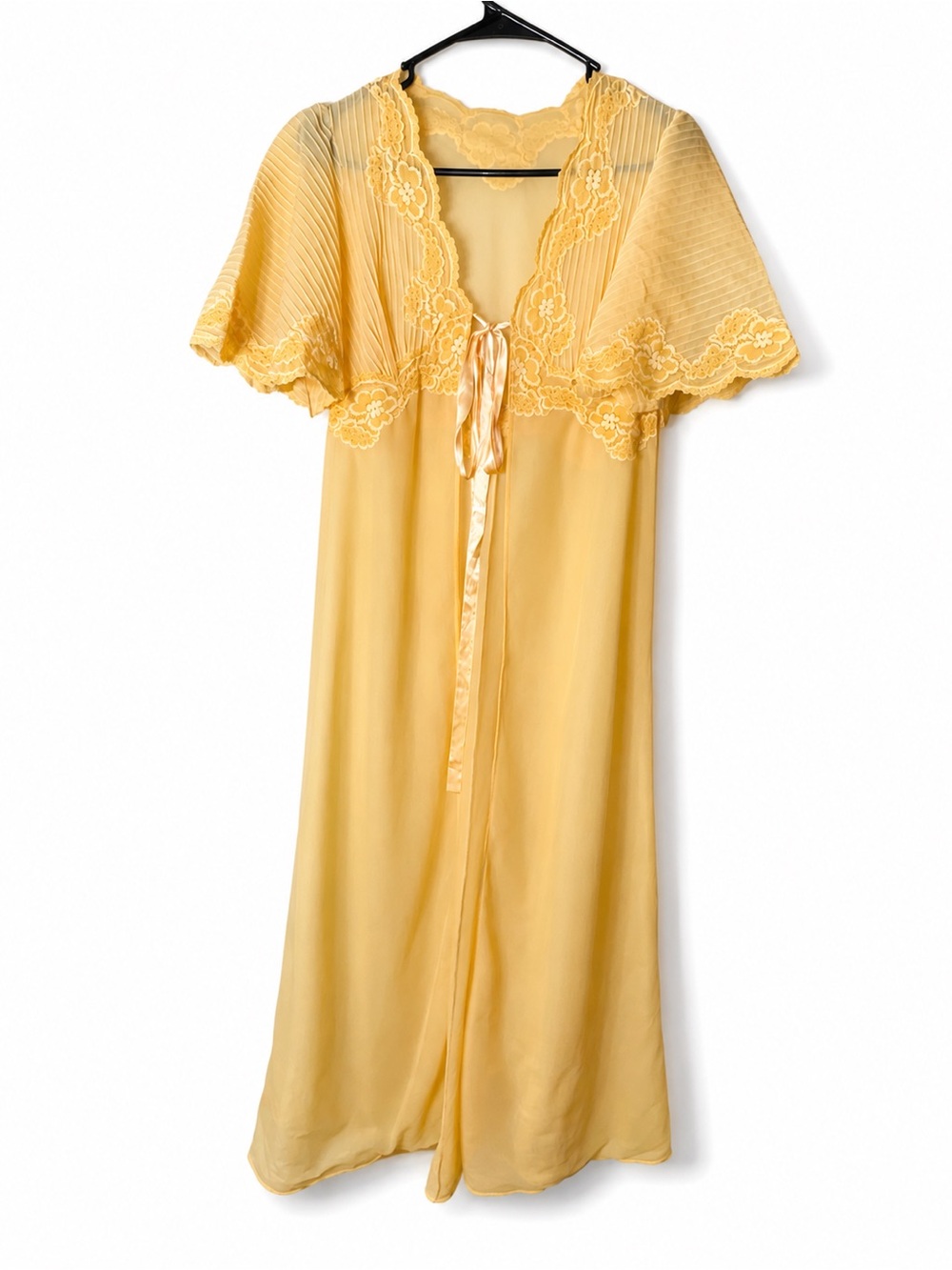 Valisere Vintage Butter Yellow Sheer Lace Peignoir Robe Nightgown Size 42 L
